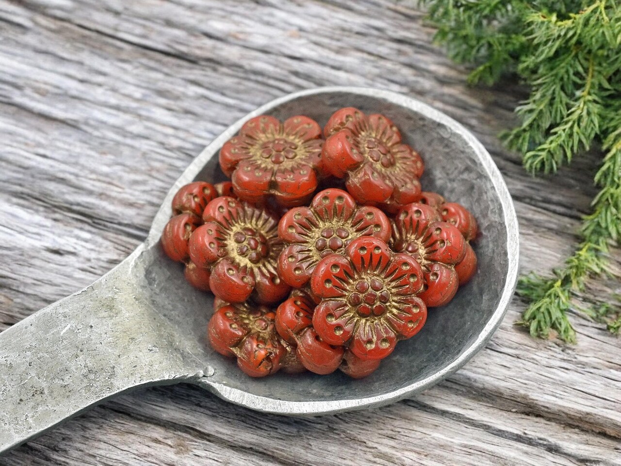*12* 14mm Dark Bronze Washed Burnt Orange Opaline Wildflower Beads